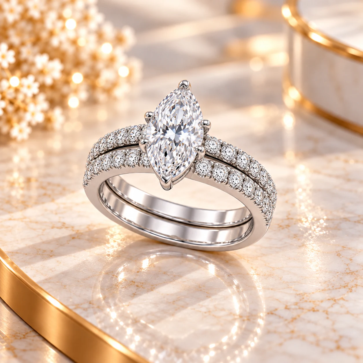 Sur Marquise Solitaire Diamond Ring Set