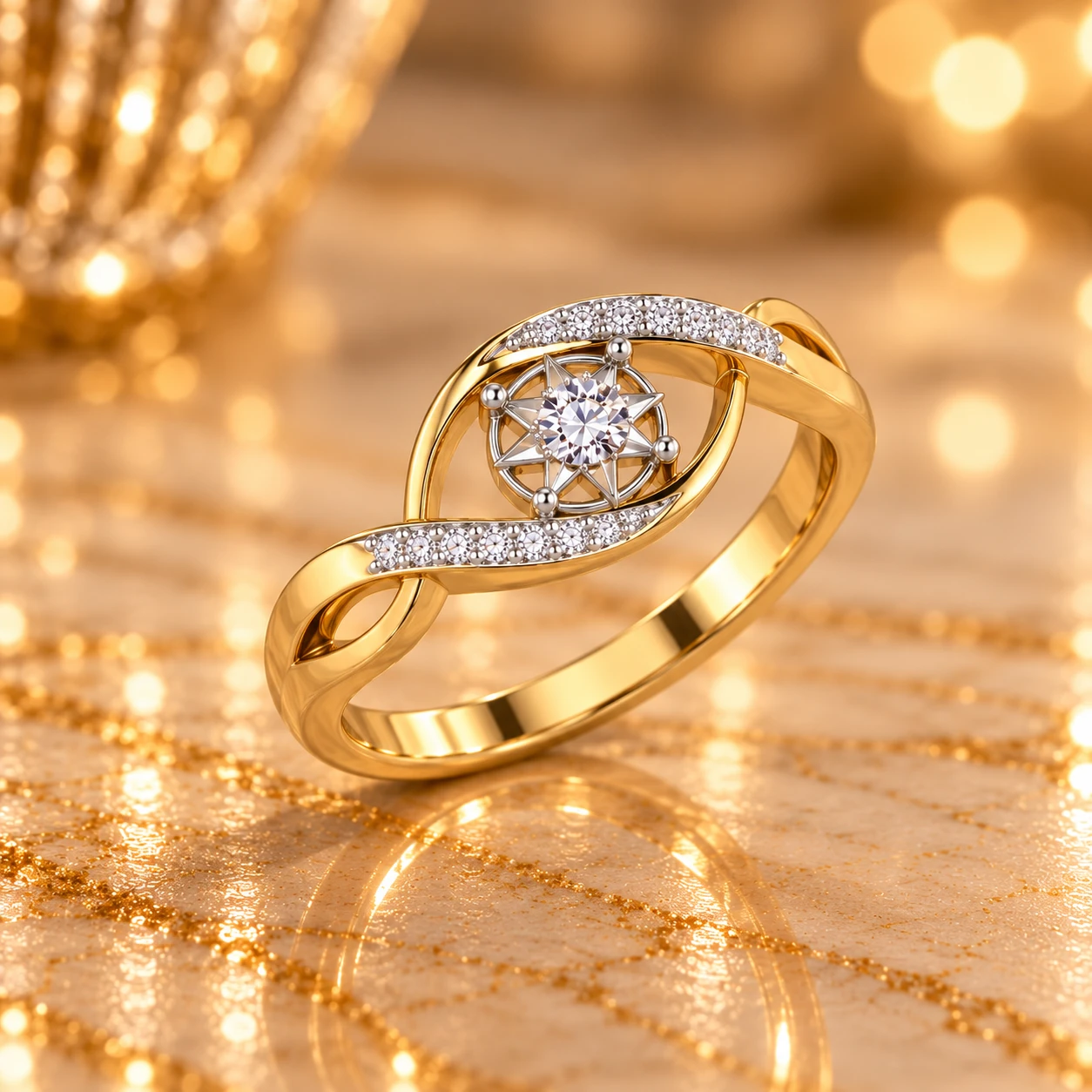 Angled view of the star motif ring with its two diamond-set bands