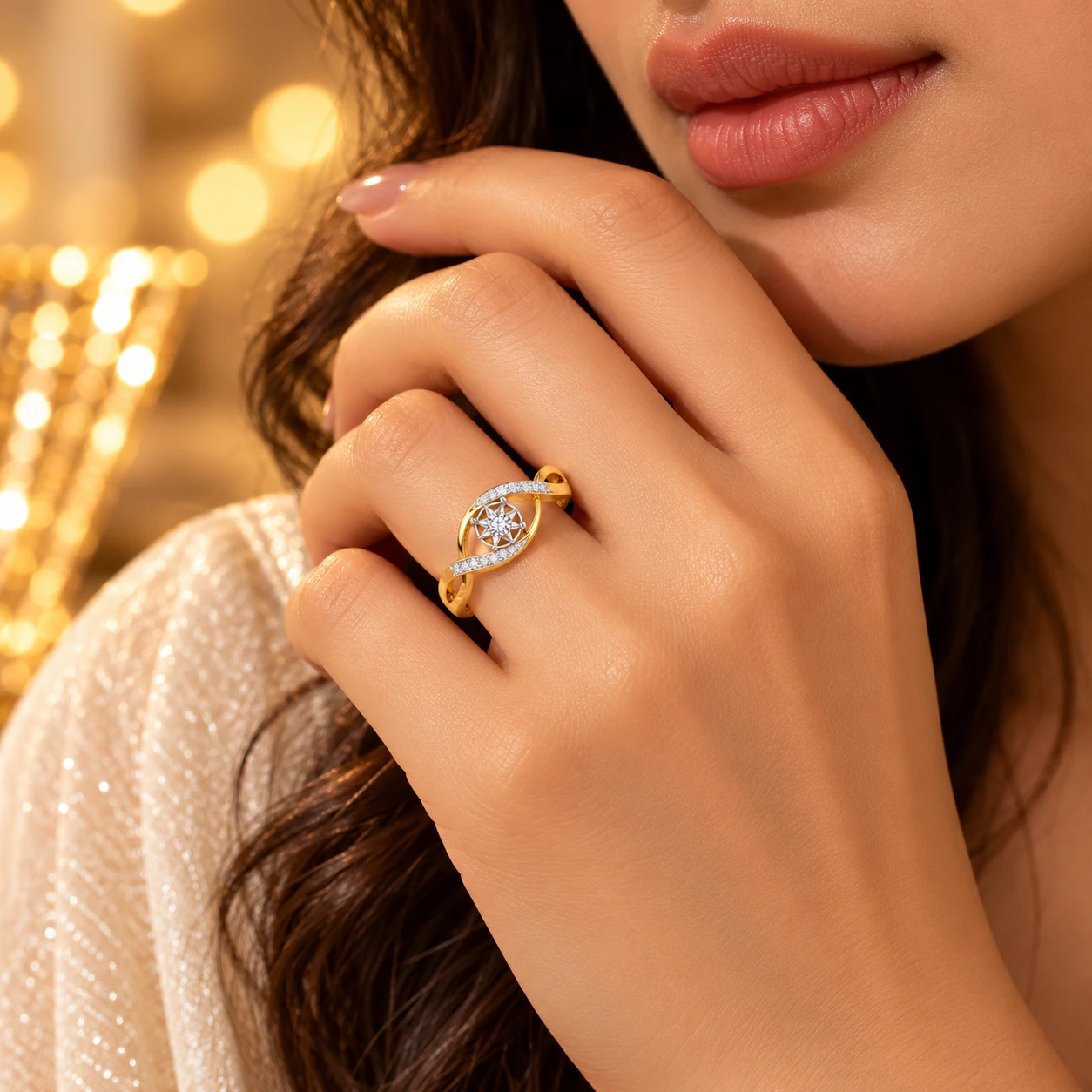 Diamond celestial star motif ring worn on the hand