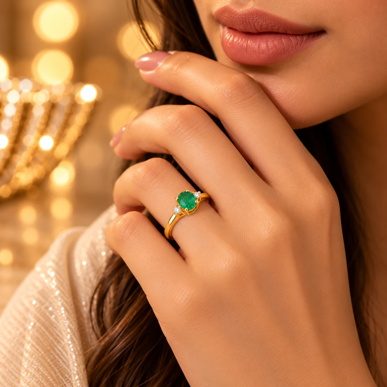 Gold Oval Emerald Ring with Round Diamond Side Accents alternate view